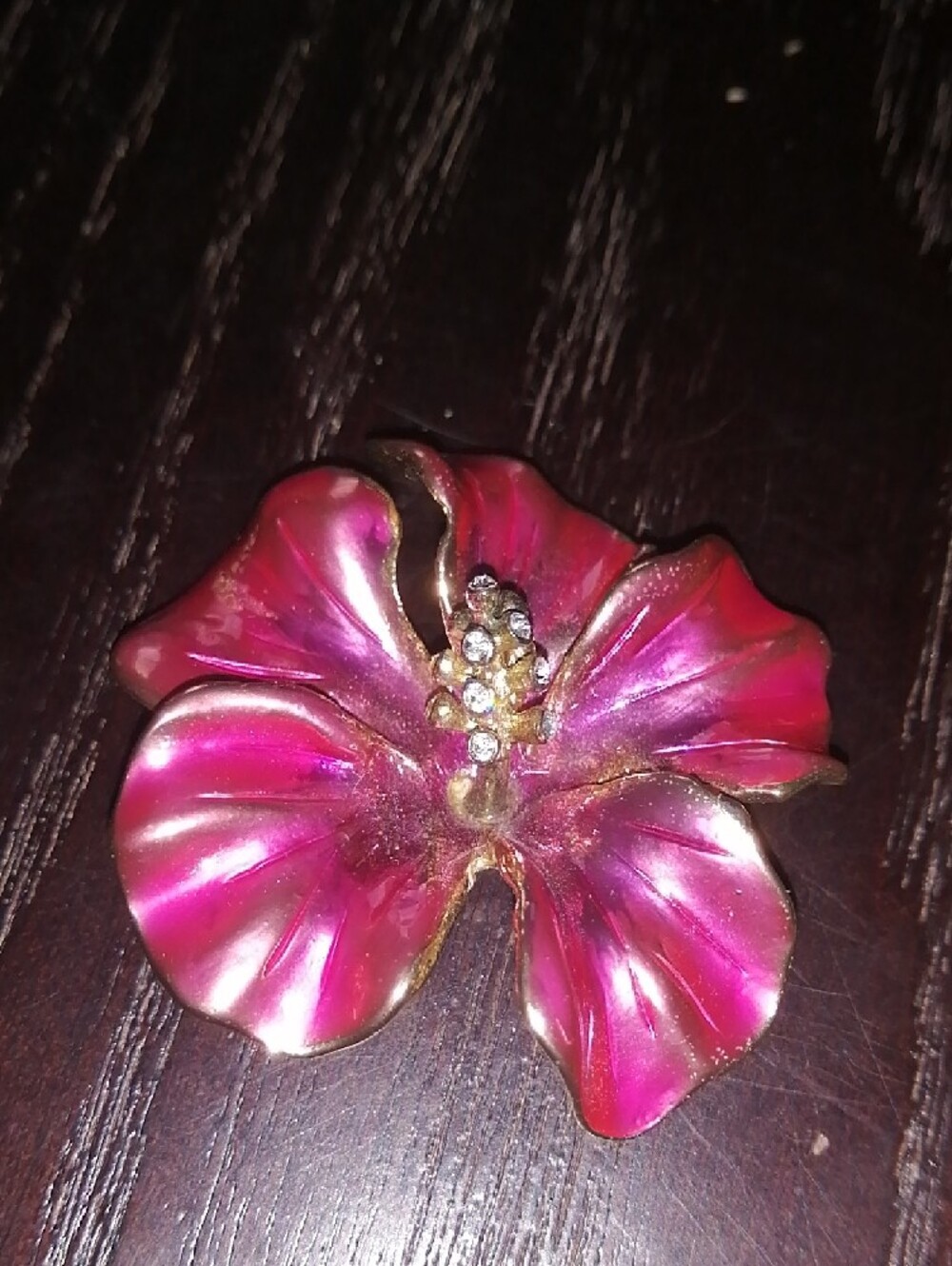 Enameled Hibiscus Flower Vintage 50s Brooch with Crystal Accents, Signed AK